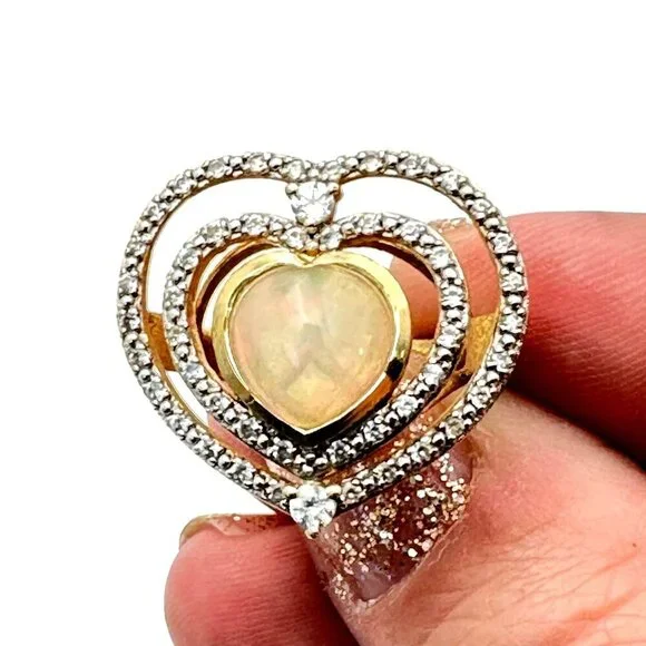 Chuck Clemency Womens Ring Sterling Silver Heart Opal White Topaz Diamond Ring